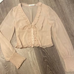 Super sexy nude long sleeve sheer button up blouse